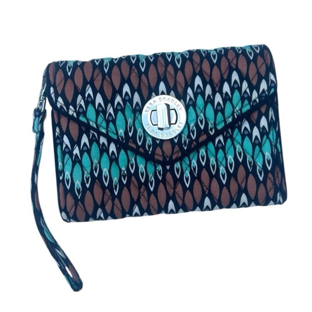 Vera Bradley Sierra Stream Turn Lock Wallet Wristlet Quilted Green Brown Retired